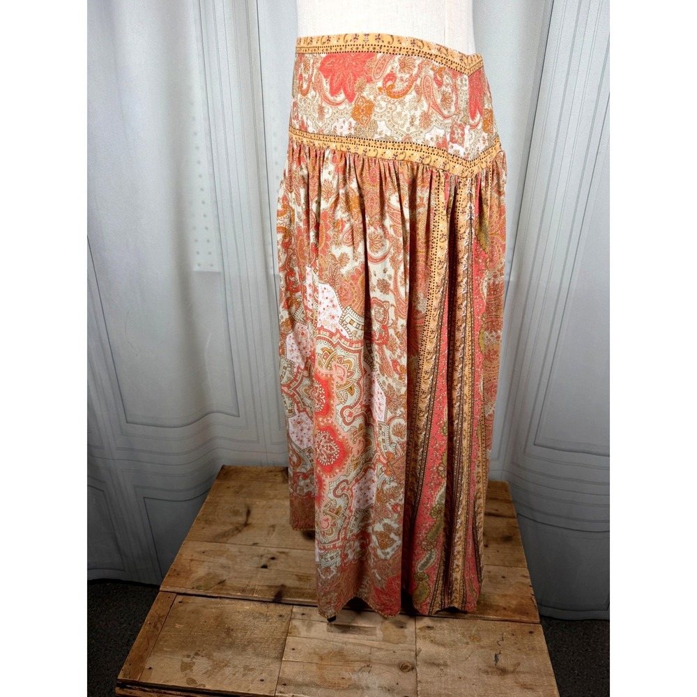 House of Harlow 1960 Orange Paisley Smocked Back Maxi Skirt Linen Blend M 33" - Picture 2 of 12